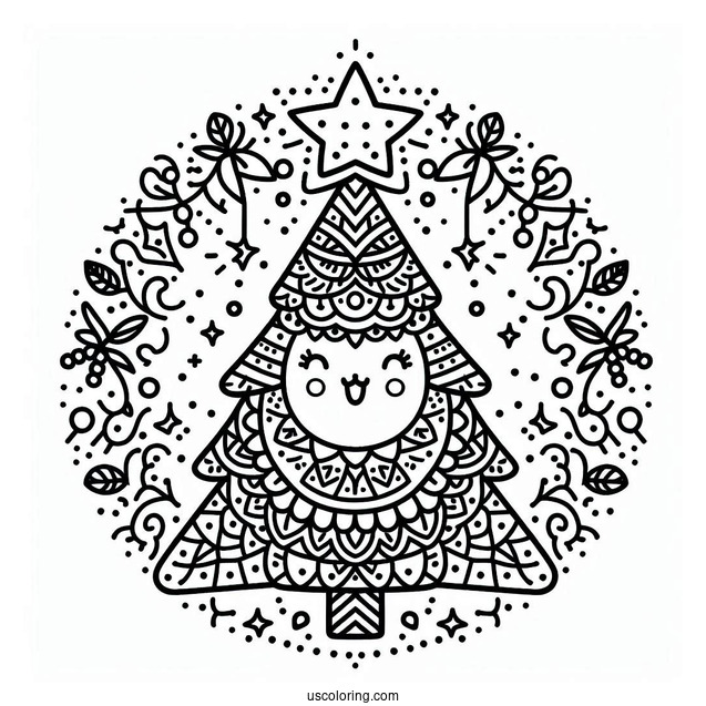 Christmas Mandala Coloring Page Of Kawaii Christmas Tree With Large Star Mandala For Kids