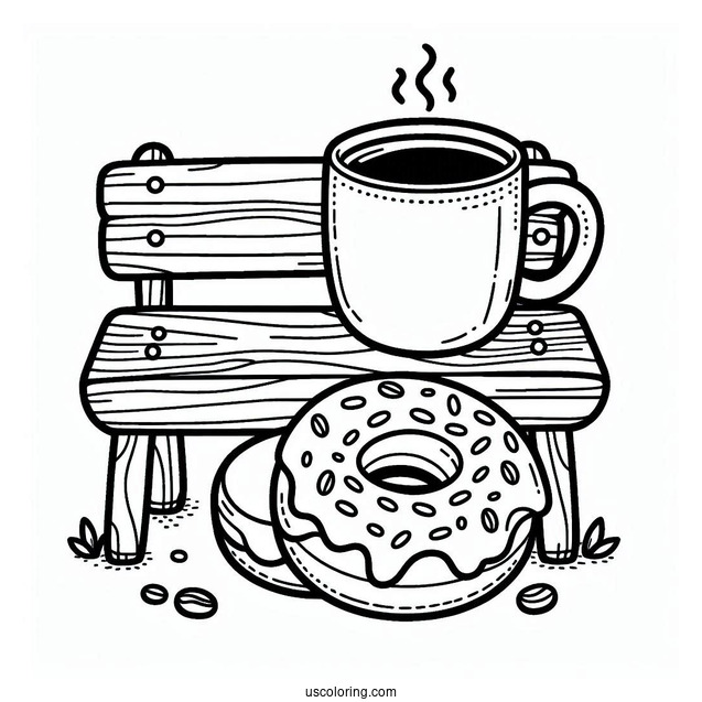 A Mug Of Coffee Sitting With A Donut Coloring Page On A Bench