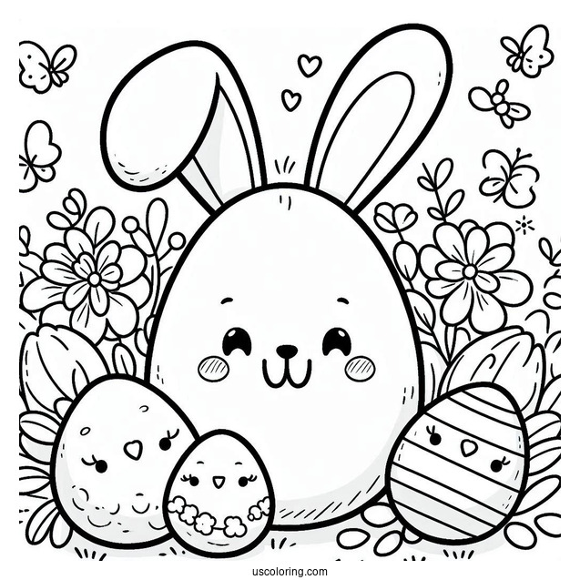 Smiling Easter Egg Coloring Page Bunny with Chicks and Flowers