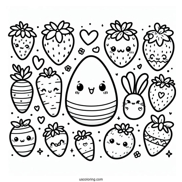 Kawaii Easter Egg Strawberry, Carrot, Bunnies, And Hearts Designs Coloring Sheet