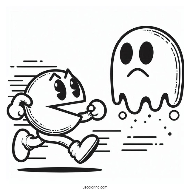 Pac-Man Coloring Page Running Towards Cyan Ghost