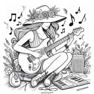 Music Coloring Page Of Woman In Hat Playing Electric Guitar