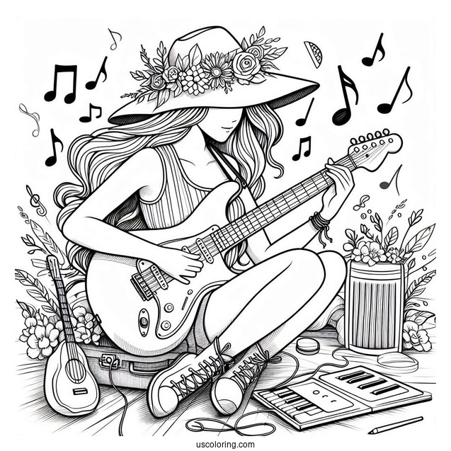 Music Coloring Page Of Woman In Hat Playing Electric Guitar