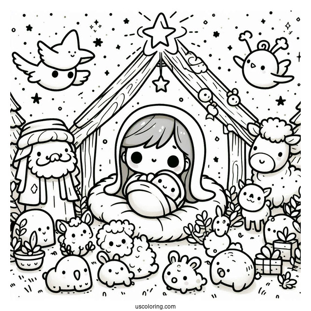 Kawaii Nativity Coloring Page With Animals Surrounding Joseph, Mary, And Jesus For Kids