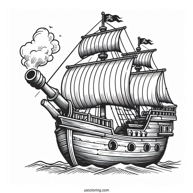 Wooden Pirate Ship With Canon To Color