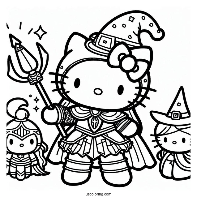 Sanrio Coloring Pages Of Hello Kitty Knight, Sorcerer My Melody, And Witch Kuromi