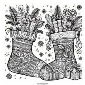 Christmas Coloring Pages For Adults Of Intricate Christmas Stocking Zentangle With Presents Inside