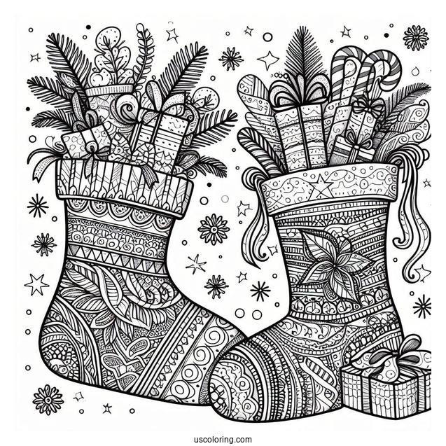 Christmas Coloring Pages For Adults Of Intricate Christmas Stocking Zentangle With Presents Inside