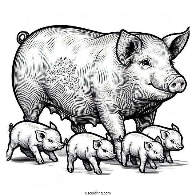 Realistic Mother Pig With Piglets To Color