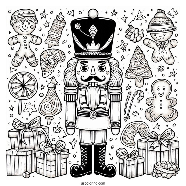 Nutcracker Coloring Page Surrounded By Presents, Gingerbread Men, And Candy Canes