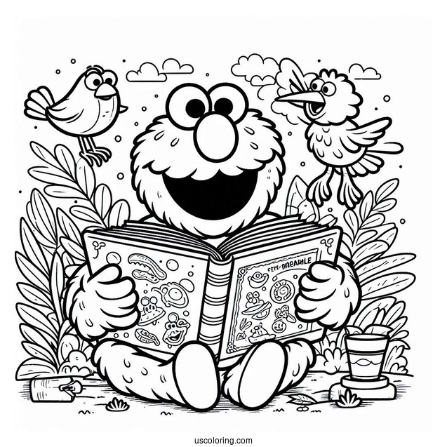 Elmo, Oscar and Big Bird Reading Books To Color