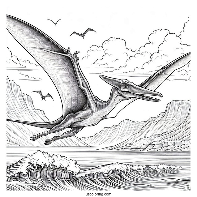Realistic Pterodactyl Coloring Page Flying Over The Sea