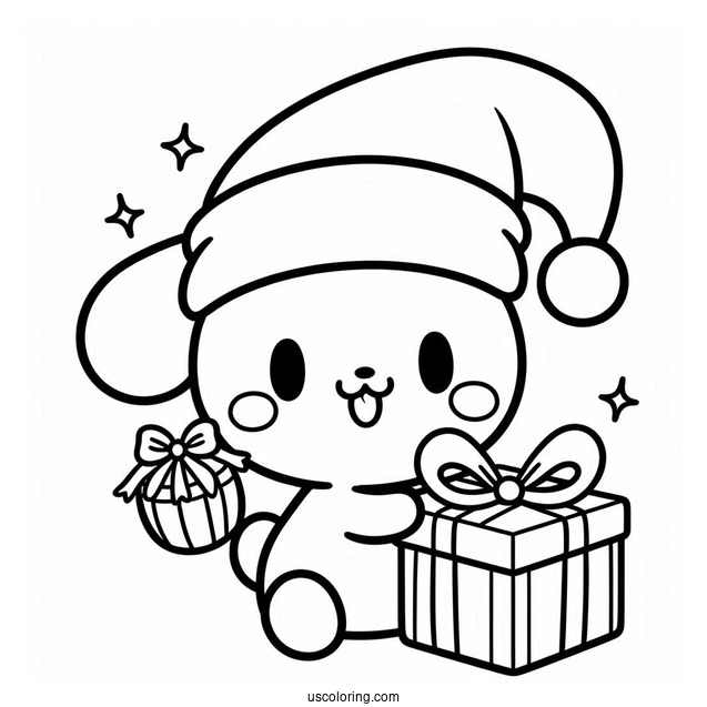Easy Pochacco Coloring Page In Santa Hat Holding Christmas Present