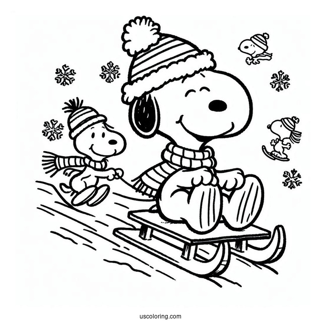 Woodstock And Snoopy Sledding During Christmas