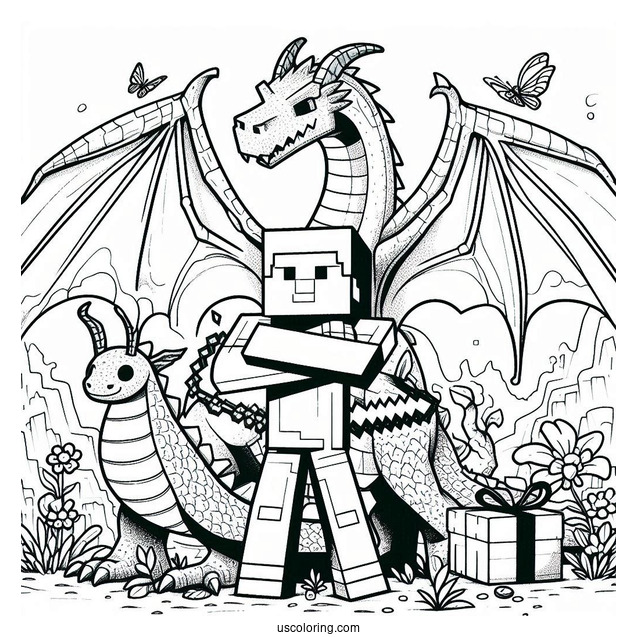 Minecraft Steve With Dragon Coloring Page For Kids