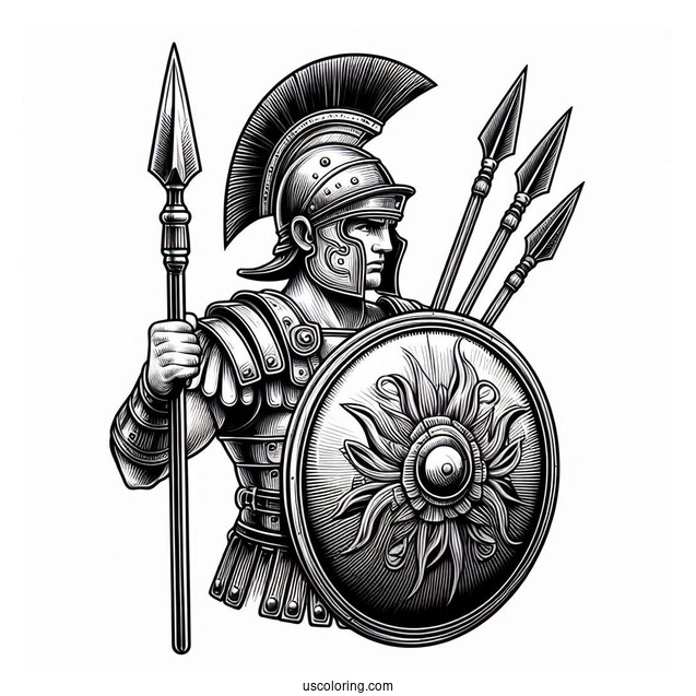 Realistic Roman Soldier Coloring Page With Shield And Spears