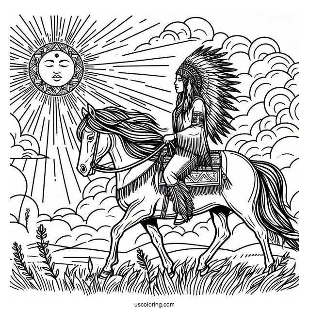 Native American Coloring Page Chief Riding Horse With Sun In The Background