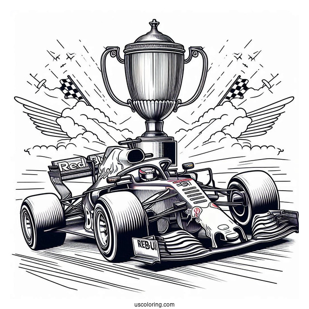 F1 Coloring Page Of Red Bull RB13 Race Car With Trophy In Background