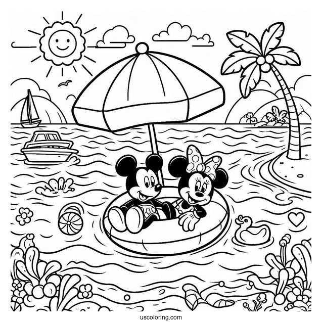 Swimming Coloring Page Of Mickey Mouse And Minnie Mouse On An Inflatable At The Beach