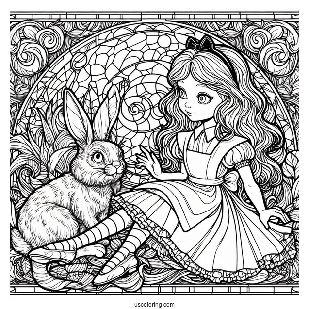 Alice In Wonderland With The Rabbit And The Cheshire Cat Stained Glass Coloring Page