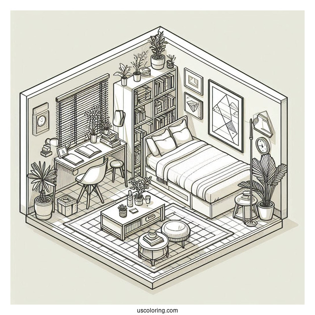 Isometric Bedroom Coloring Page With Bookshelves, Coffee Table, And Plants