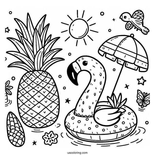 Cartoon Pineapple In A Flamingo Floatie Summer Coloring Page For Kids