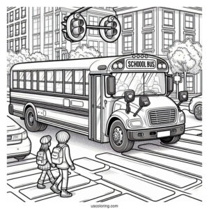 School Bus Coloring Page Waiting For Kids To Cross The Street