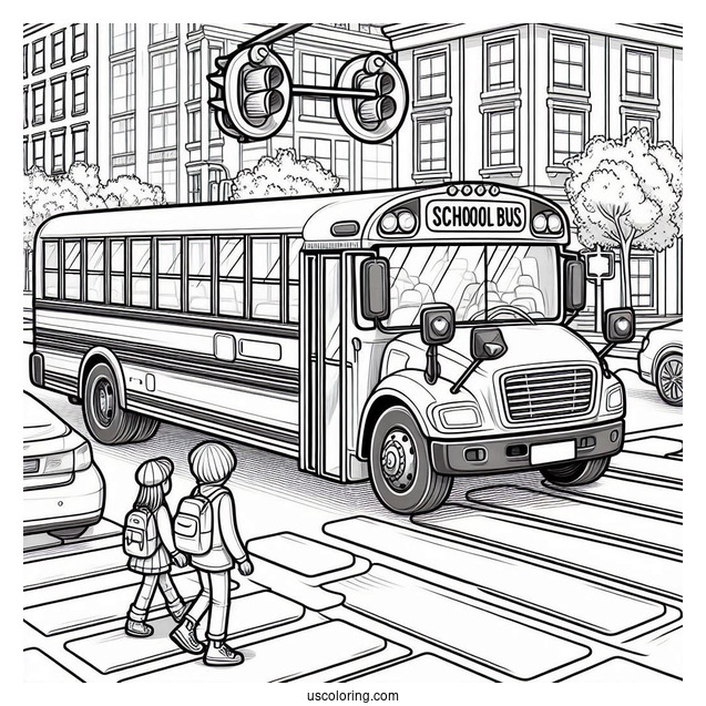 School Bus Coloring Page Waiting For Kids To Cross The Street