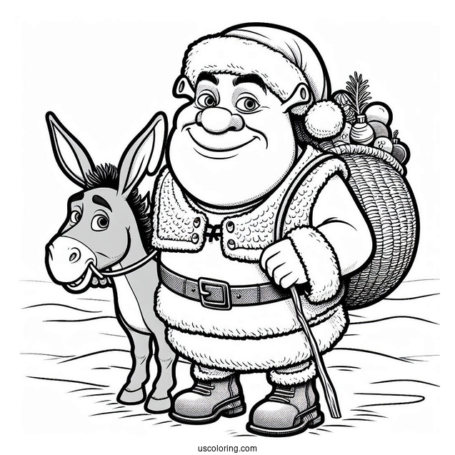 Shrek Dressed As Santa With Donkey Coloring Sheet