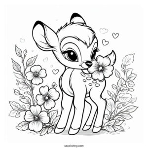 Detailed Coloring Sheet Of Bambi With Flower And Violet