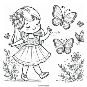 Little Girl Dancing With Butterflies To Color
