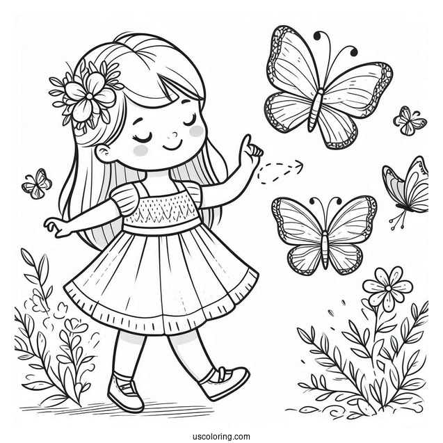 Little Girl Dancing With Butterflies To Color