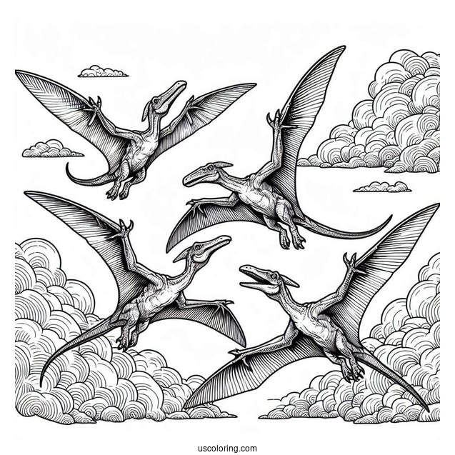 Four Adult Pterodactyl Coloring Page In The Sky