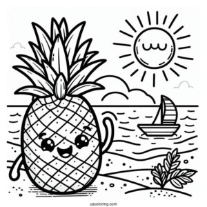 Waving Pineapple Coloring Page Character Smiling Under the Sun For Kids