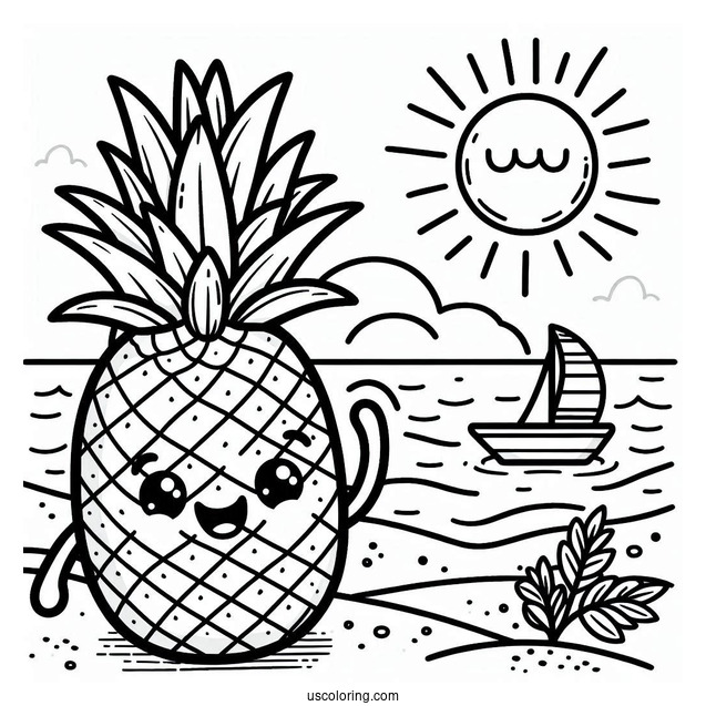 Waving Pineapple Coloring Page Character Smiling Under the Sun For Kids