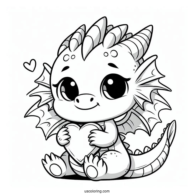 Adorable Little Dragon Hugging A Love Heart Coloring Page For Kids