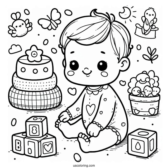 Cute Baby Coloring Page Playing With Blocks For Kids