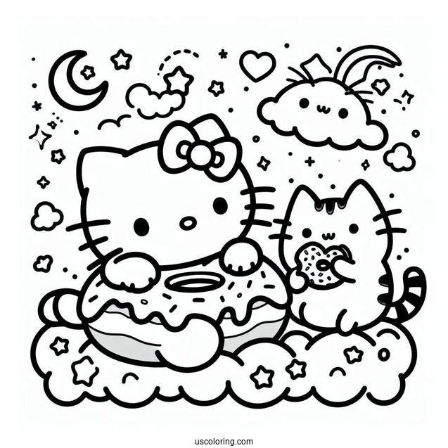 Hello Kitty And Pusheen Eating Donut On Clouds