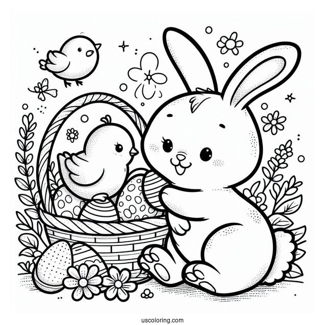 Cartoon Easter Bunny Coloring Page And Chick With Easter Eggs In Basket