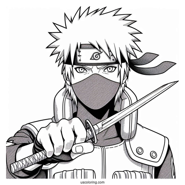 Detailed Hatake Kakashi Coloring Page Holding A Kunai