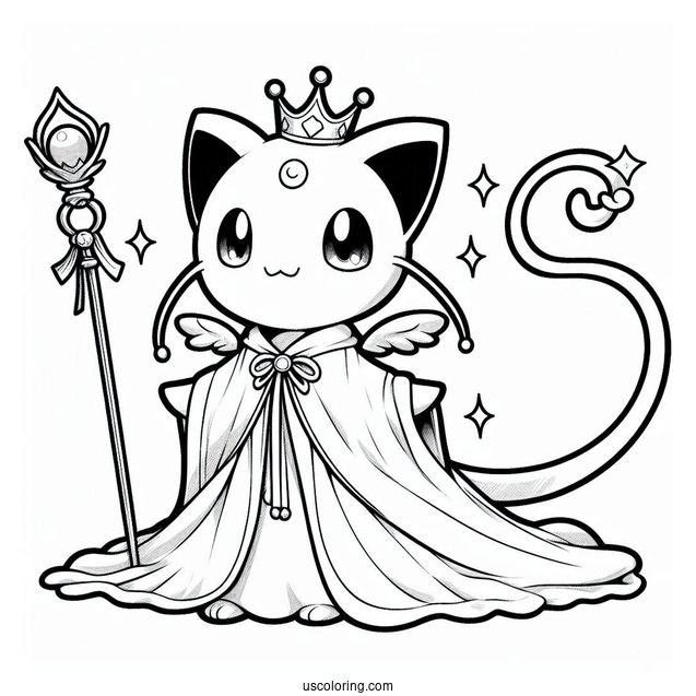 Mew Coloring Page With Crown, Robe, And Scepter For Kids
