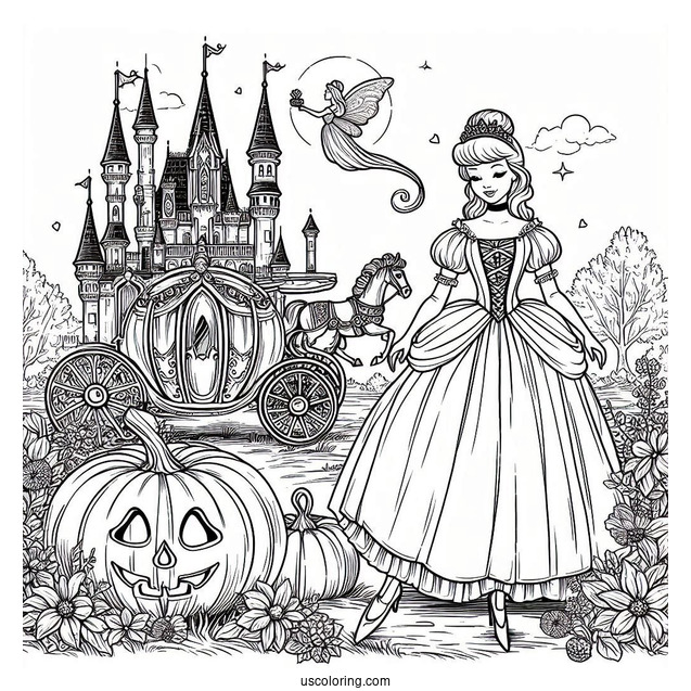 Cinderella With Pumpkin Coach, Castle And Fairy Godmother