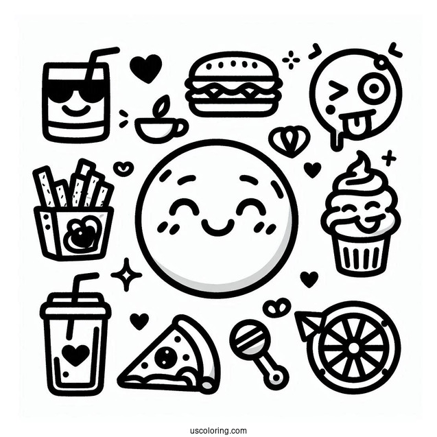 Emoji Coloring Page Varieties Of Faces, Objects, And Food