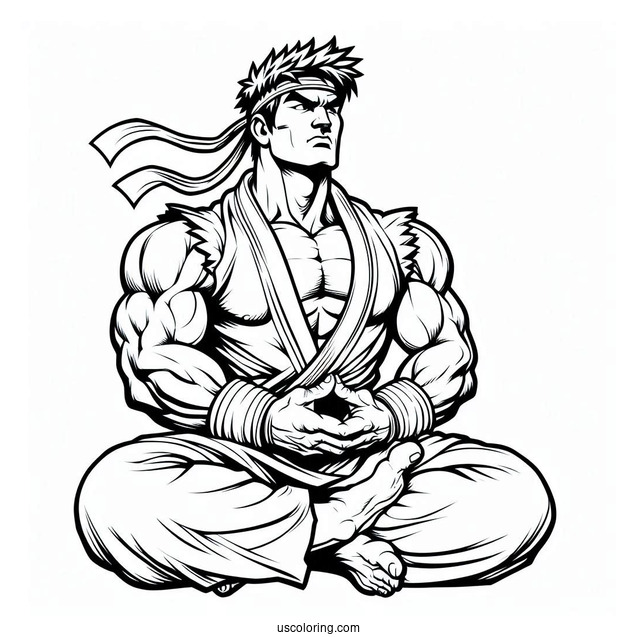 Street Fighter Coloring Page Of Ryu Meditating For Kids