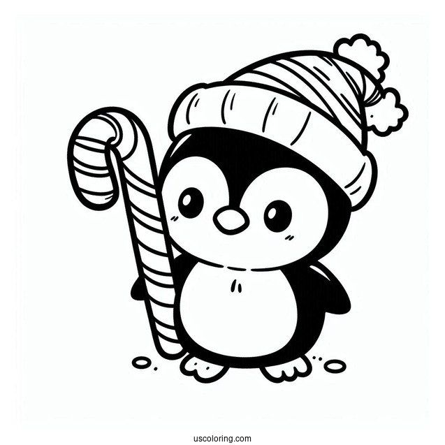 Cute Cartoon Penguin Holding A Candy Cane Coloring Page For Kids