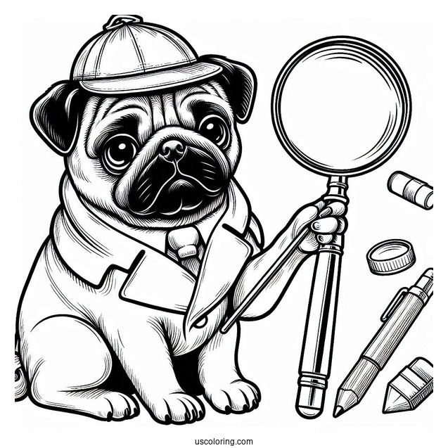 Detective Pug Coloring Page with Magnifying Glass