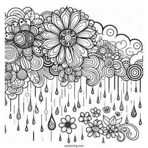 Trippy Rain Coloring Page And Flowers Art