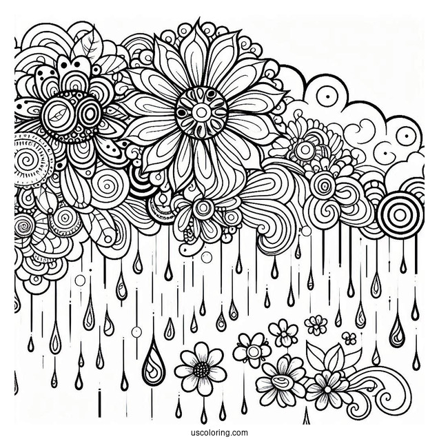 Trippy Rain Coloring Page And Flowers Art