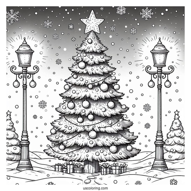 Christmas Tree In The Snow With Lamp Posts
