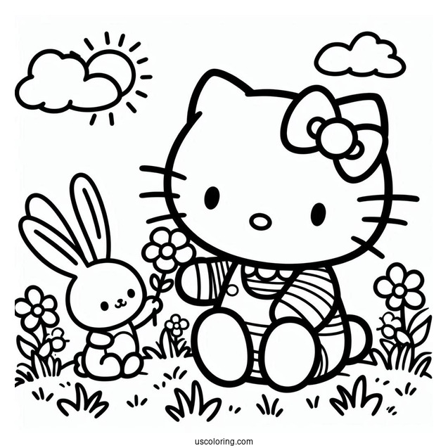 Hello Kitty Sitting On The Grass With A Rabbit Coloring Page For Kids